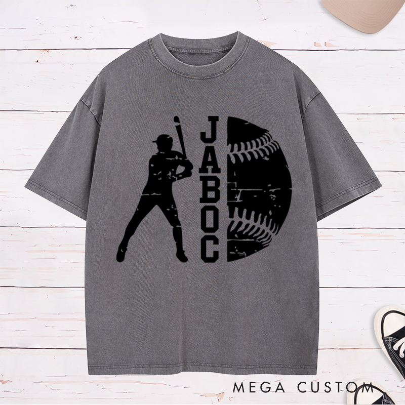 Personalized Baseball Washed T-Shirt with Batter Silhouette and Custom Name Design