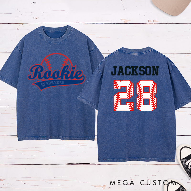 Personalized Baseball Name and Number Washed T-Shirt for Rookie