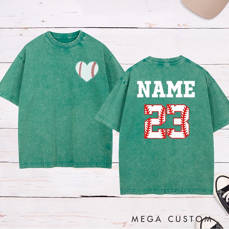 Personalized Baseball Heart Washed T-Shirt with Custom Name and Number 