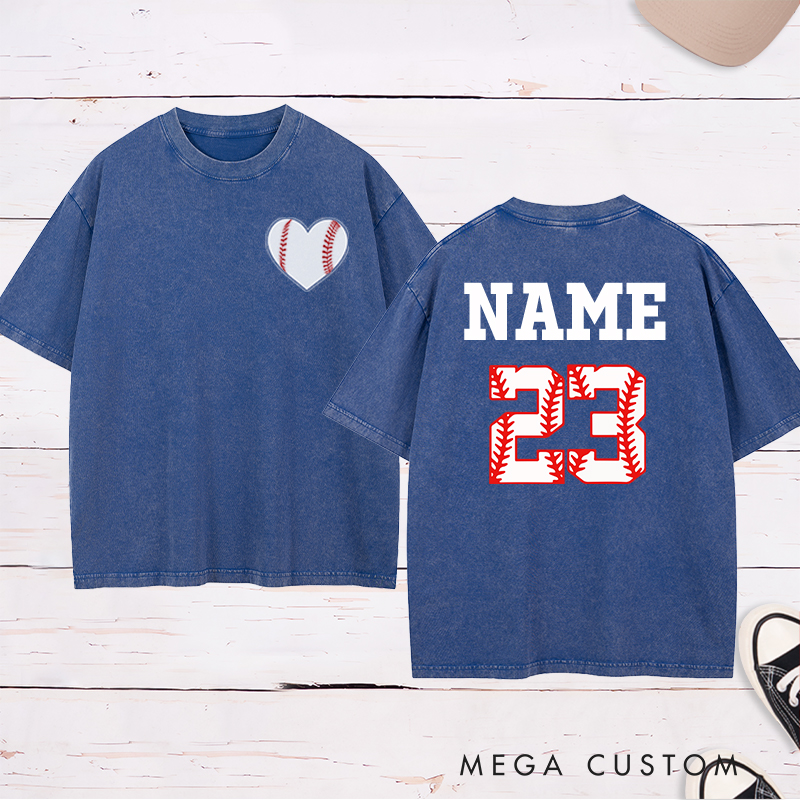 Personalized Baseball Heart Washed T-Shirt with Custom Name and Number 