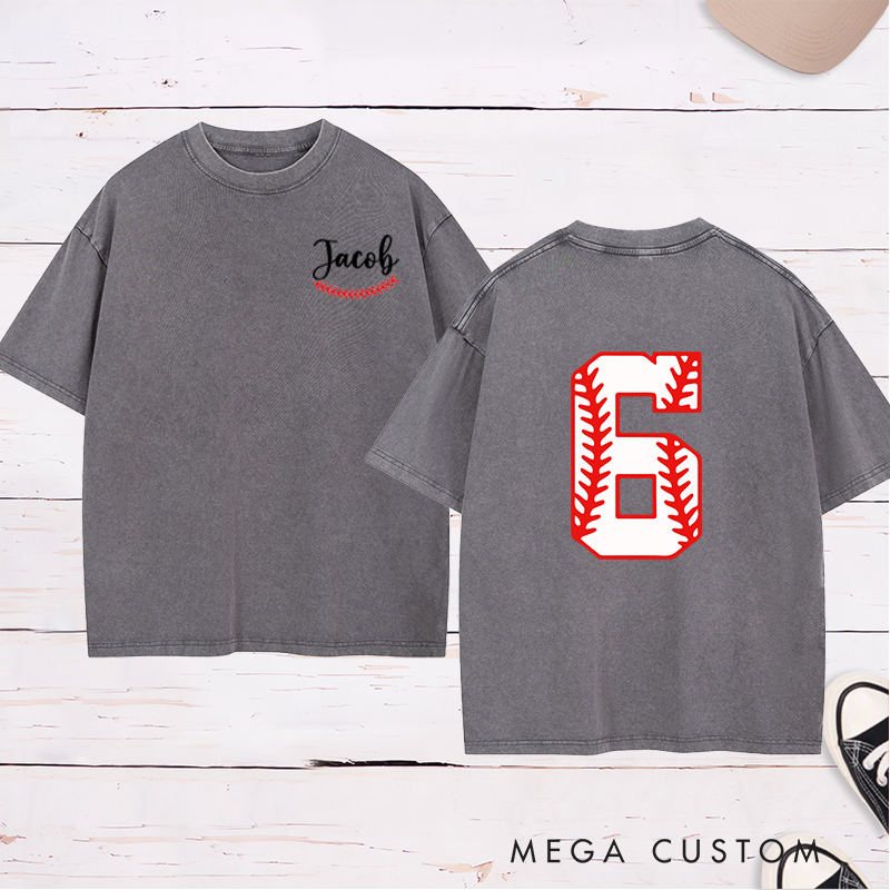 Personalized Sports Washed T-Shirt with Custom Name and Unique Baseball Stitch Number Design