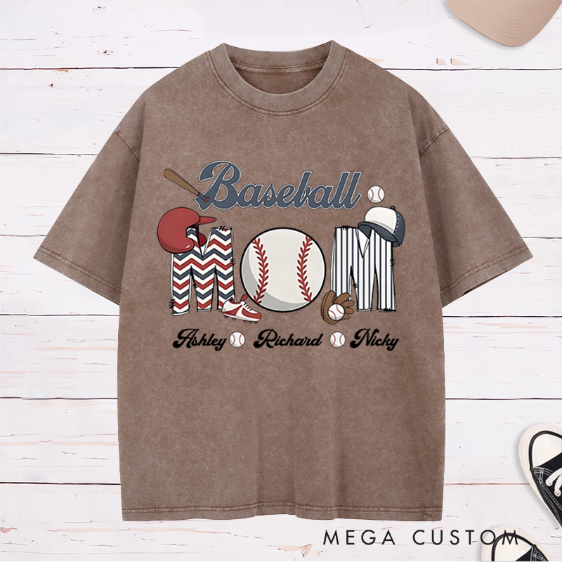 Personalized Baseball Mom Washed T-Shirt with Custom Names and Fun Sports-Themed Design
