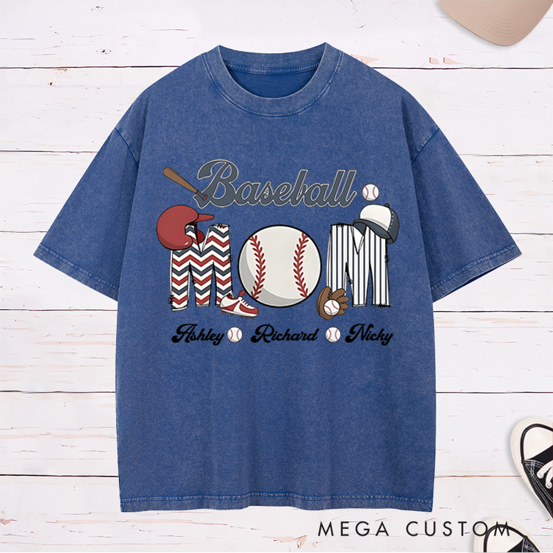 Personalized Baseball Mom Washed T-Shirt with Custom Names and Fun Sports-Themed Design