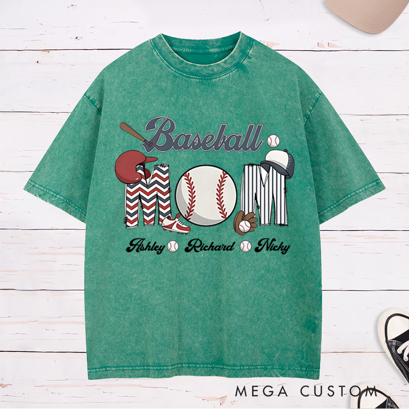 Personalized Baseball Mom Washed T-Shirt with Custom Names and Fun Sports-Themed Design