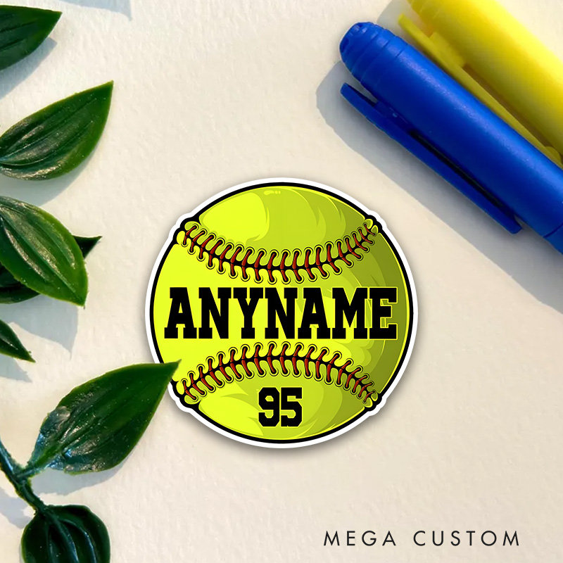 Personalized Softball Decal with Bold Custom Name and Number on Bright Yellow Ball Design