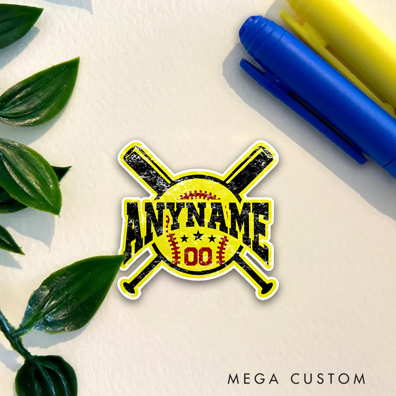 Personalized Softball Decal with Custom Name Number Crossed Bats and Distressed Yellow Ball Design
