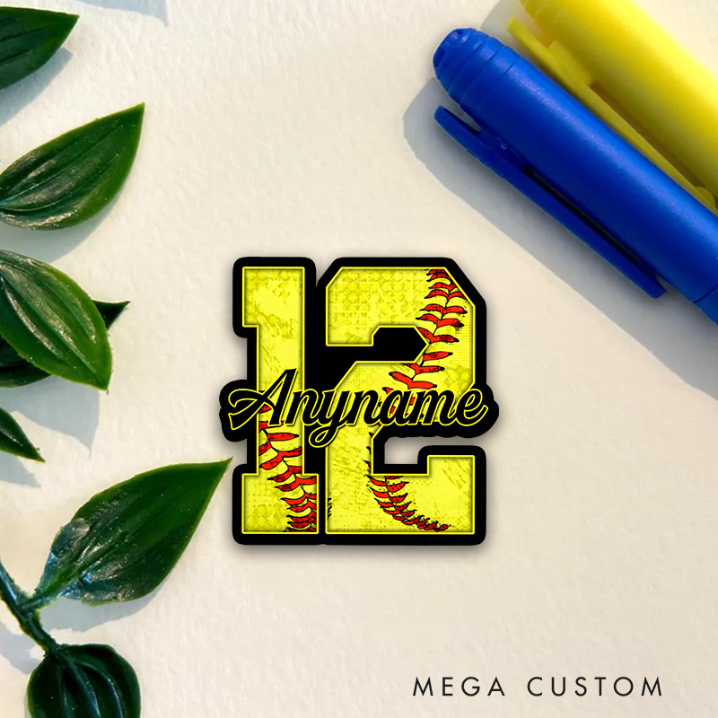 Personalized Softball Decal with Custom Name and Number in Bold Yellow Design Featuring Red Stitching and Textured Background