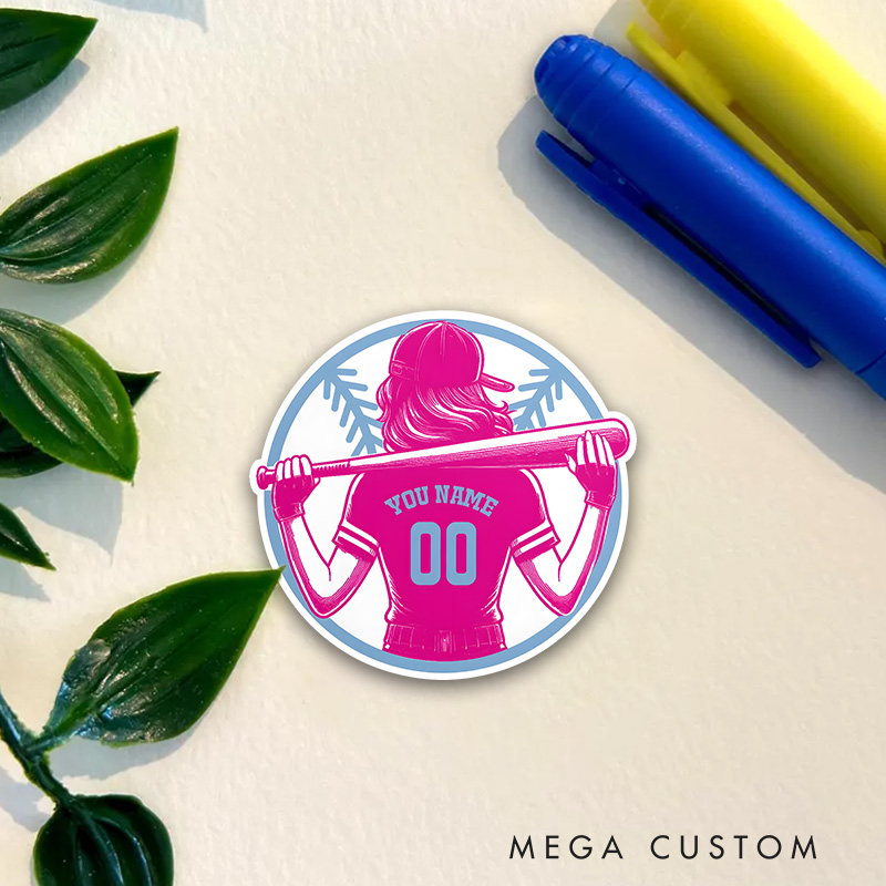 Personalized Softball Decal with Custom Name and Number Featuring a Stylish Female Player Silhouette Holding a Bat in a Bold Pink and Blue Design