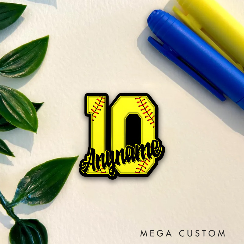 Personalized Softball Decal with Custom Name and Number in Bold Yellow Block Design Featuring Red Stitching and Black Outline