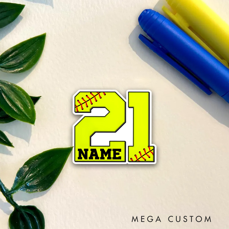 Personalized Softball Decal with Custom Name and Number in Bold Yellow Block Style Featuring Red Stitching Details and Black Accents