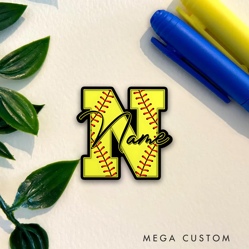 Personalized Softball Decal with Custom Initial and Name in a Bold Yellow Block Design Featuring Red Softball Stitching Black Outline and Stylish Script Font