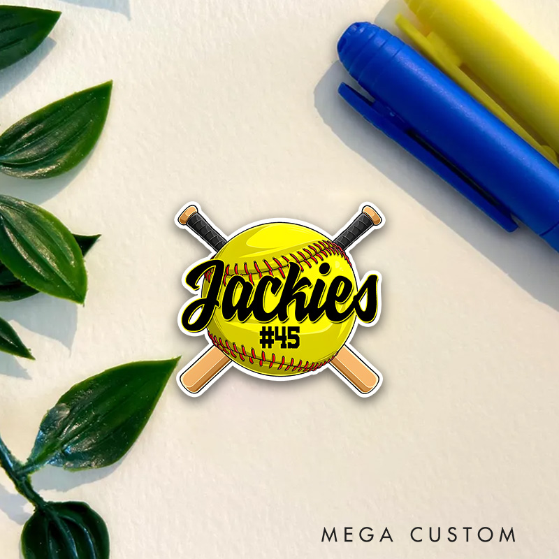 Personalized Softball Decal with Custom Name and Number on a Bright Yellow Softball Design Featuring Red Stitching Crossed Wooden Bats Bold Black Script Lettering and Yellow Highlights