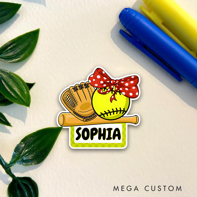 Personalized Softball Decal Featuring Custom Name Displayed on a Bright Yellow Checkered Nameplate with a Vibrant Yellow Softball Adorned with a Red Polka Dot Bow Paired with a Softball Glove and Wooden Bat