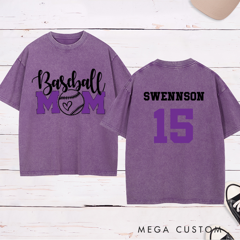 Personalized Baseball Mom Washed T-Shirt with Heart-Inspired Design and Custom Name and Number