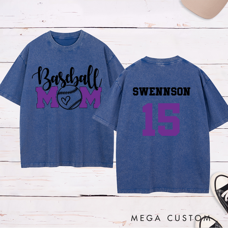 Personalized Baseball Mom Washed T-Shirt with Heart-Inspired Design and Custom Name and Number