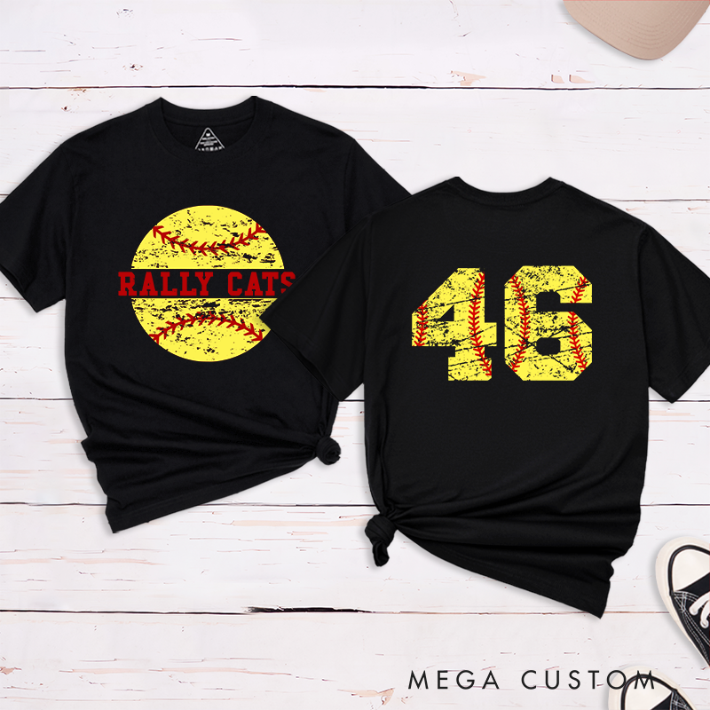 Personalized Softball T-Shirt Design Featuring Custom Team Name Distressed Softball Graphic and Bold Jersey Number on the Back