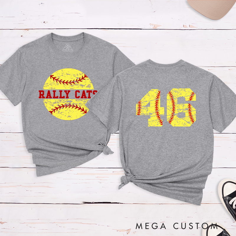 Personalized Softball T-Shirt Design Featuring Custom Team Name Distressed Softball Graphic and Bold Jersey Number on the Back