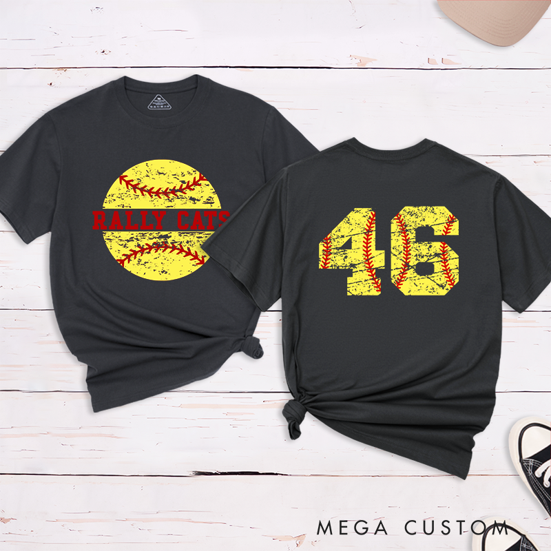 Personalized Softball T-Shirt Design Featuring Custom Team Name Distressed Softball Graphic and Bold Jersey Number on the Back