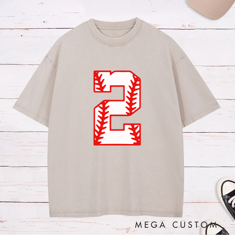 Personalized Athletic Washed T-Shirt with Bold Baseball Stitch Number Graphic