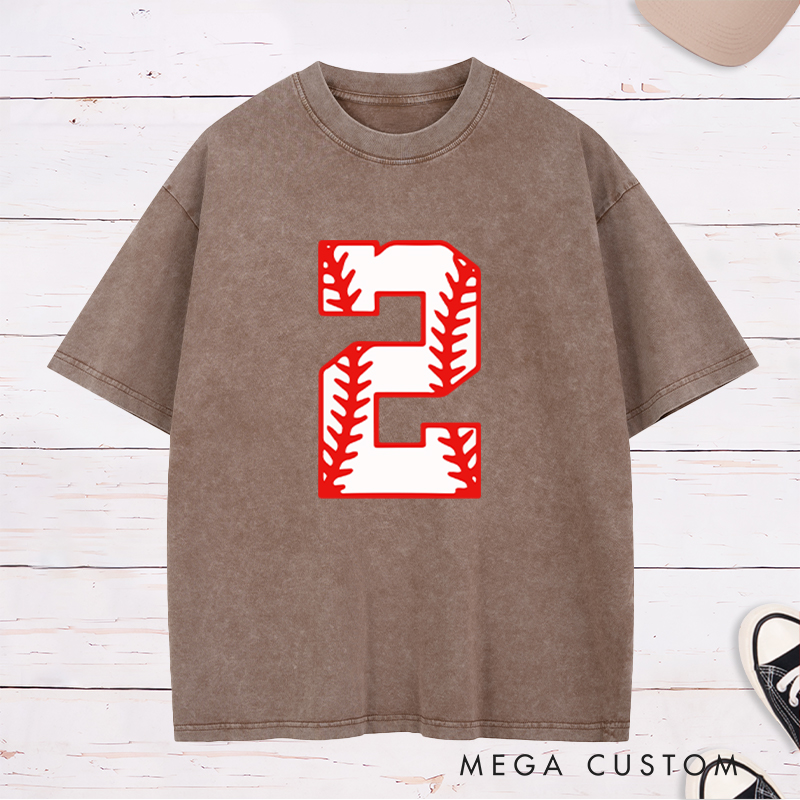 Personalized Athletic Washed T-Shirt with Bold Baseball Stitch Number Graphic