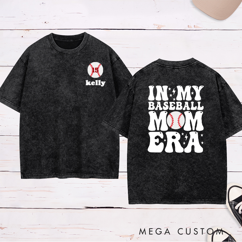 Personalized "In My Baseball Mom Era" Washed T-Shirt Custom Name & Number