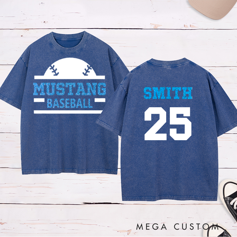 Personalized baseball Washed T-shirt featuring a custom name and number designed for players and fans