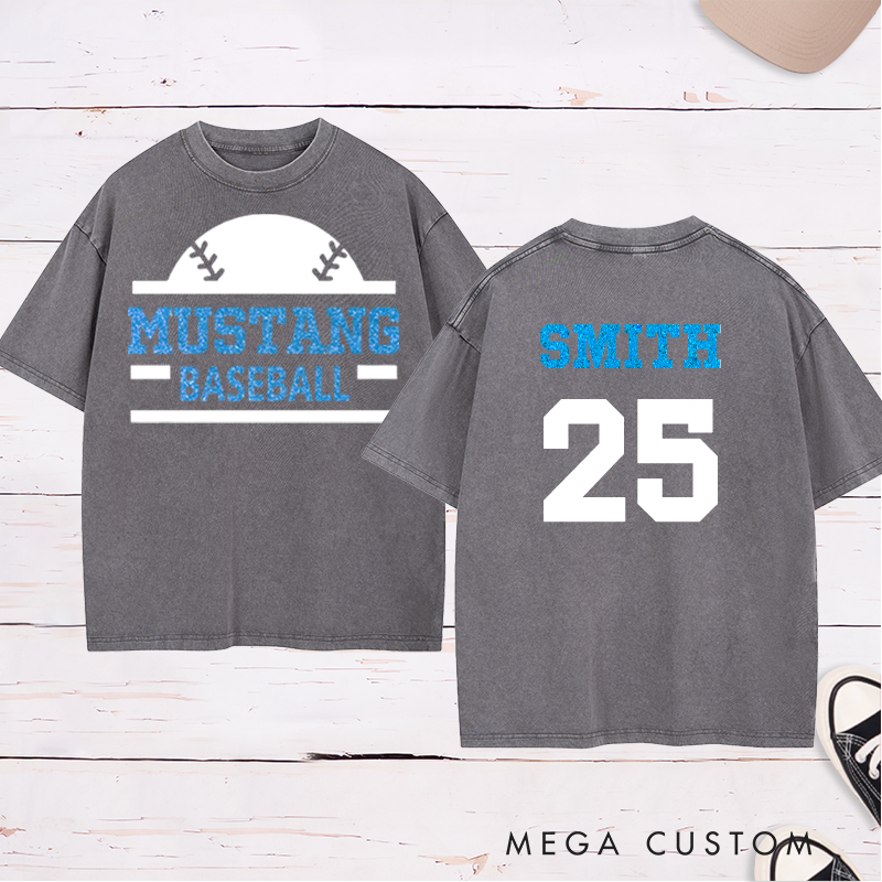 Personalized baseball Washed T-shirt featuring a custom name and number designed for players and fans