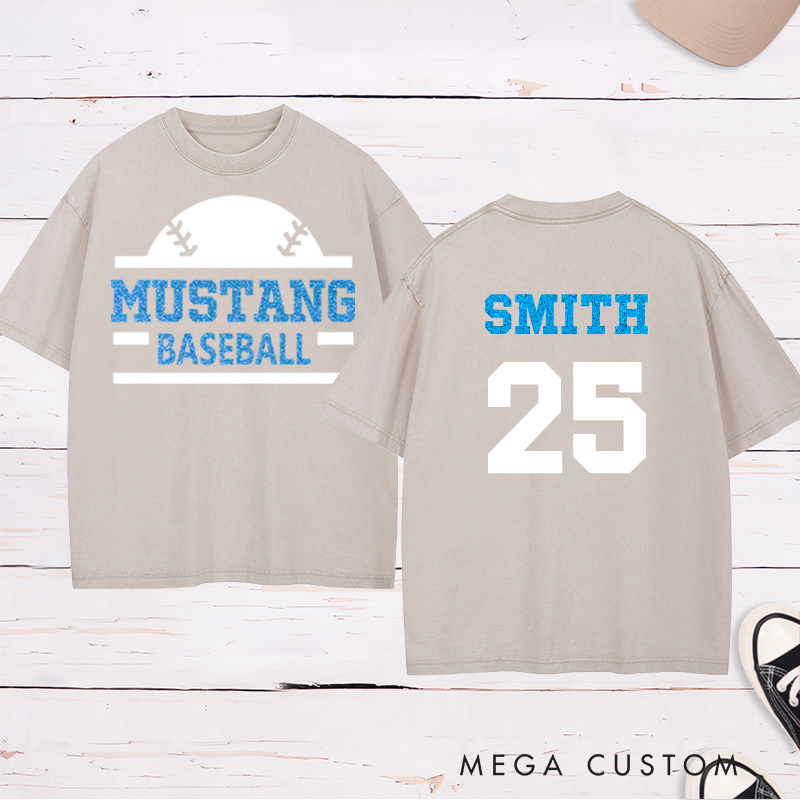 Personalized baseball Washed T-shirt featuring a custom name and number designed for players and fans