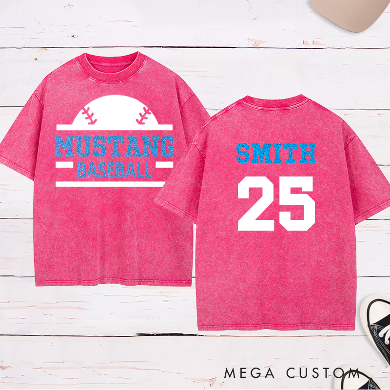 Personalized baseball Washed T-shirt featuring a custom name and number designed for players and fans