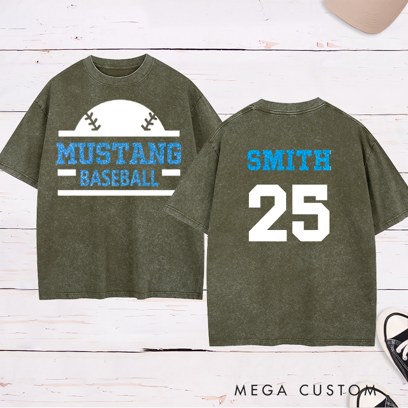 Personalized baseball Washed T-shirt featuring a custom name and number designed for players and fans