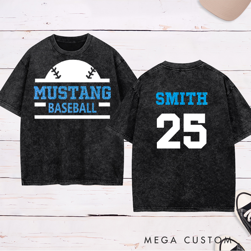 Personalized baseball Washed T-shirt featuring a custom name and number designed for players and fans