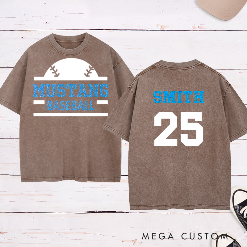 Personalized baseball Washed T-shirt featuring a custom name and number designed for players and fans