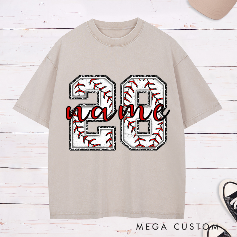Personalized Baseball Washed T-Shirt Featuring Distressed Numbers and Custom Name and Number