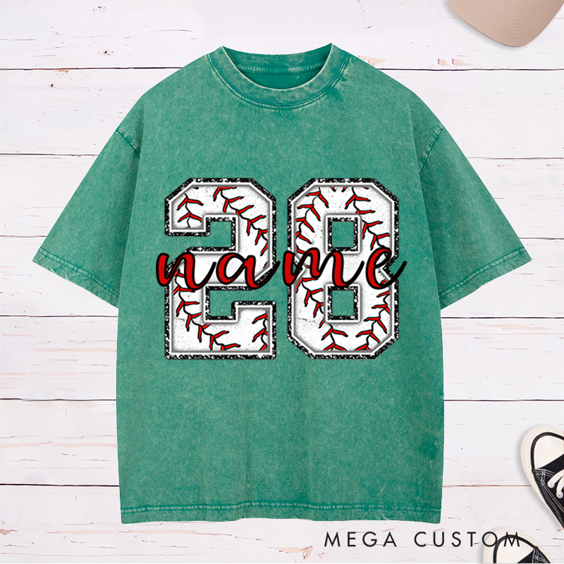 Personalized Baseball Washed T-Shirt Featuring Distressed Numbers and Custom Name and Number