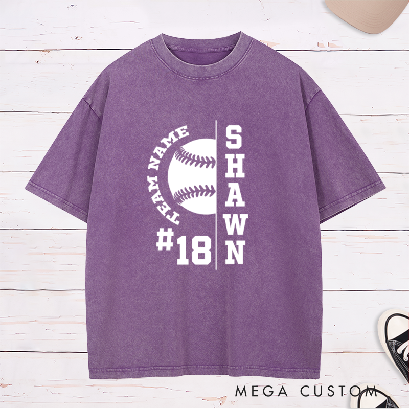 Personalized Baseball Washed T-Shirt with Half Baseball Graphic and Custom Name and Number