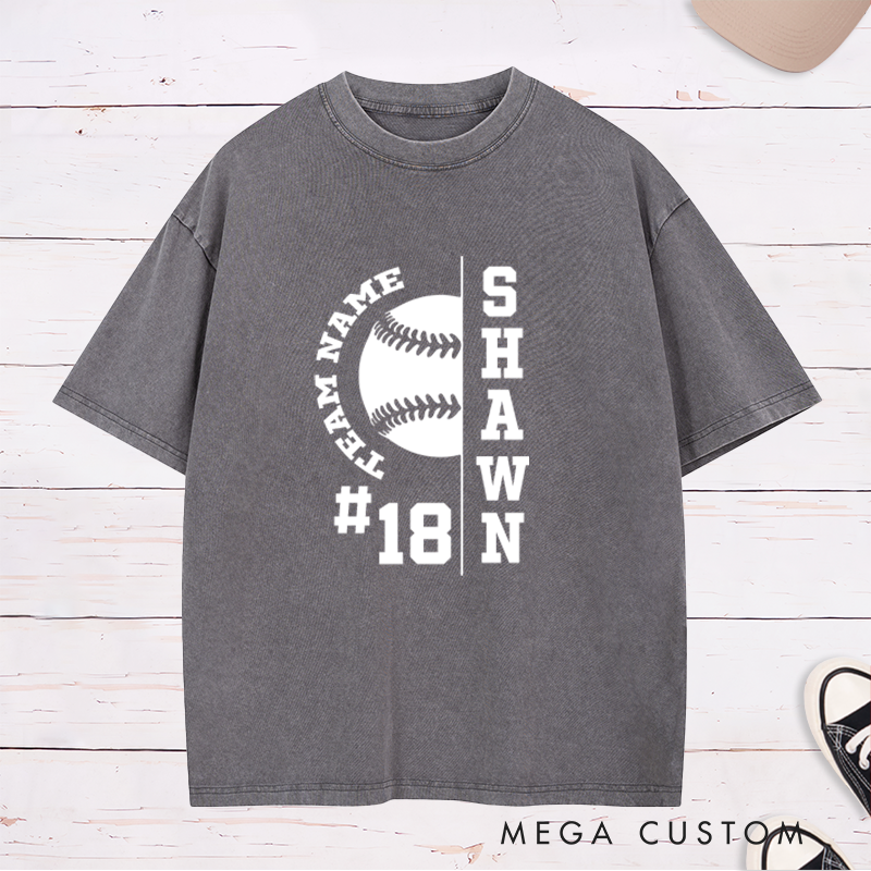 Personalized Baseball Washed T-Shirt with Half Baseball Graphic and Custom Name and Number