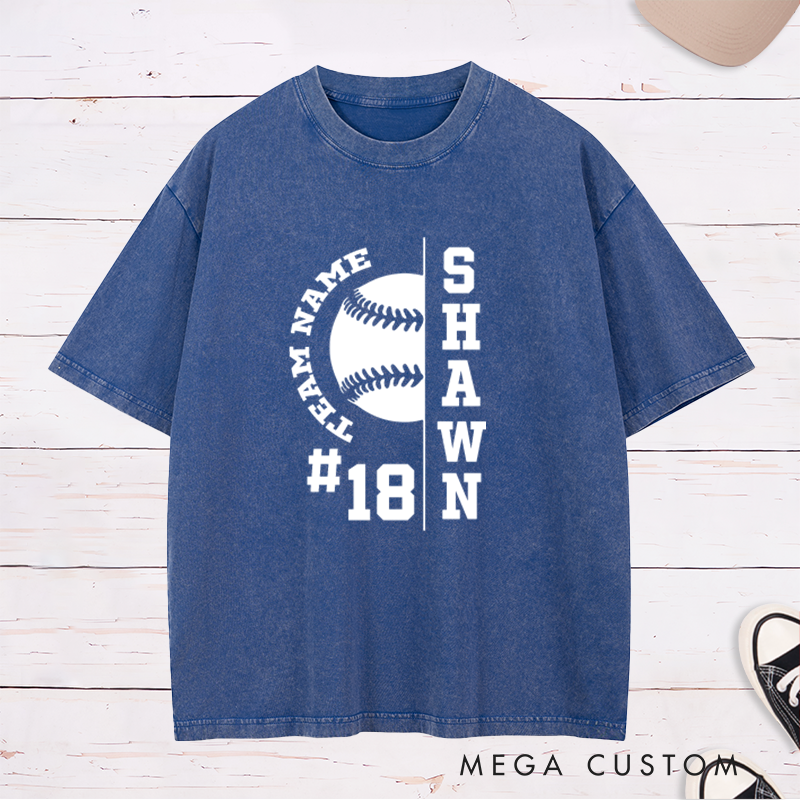 Personalized Baseball Washed T-Shirt with Half Baseball Graphic and Custom Name and Number