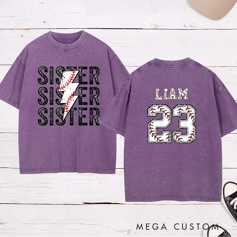 Personalized Baseball Sister Washed T-Shirt with Lightning Stitch Design and Custom Name and Number