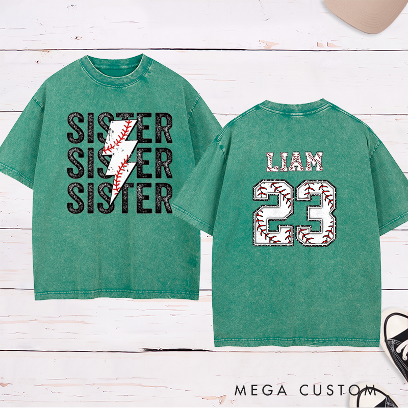 Personalized Baseball Sister Washed T-Shirt with Lightning Stitch Design and Custom Name and Number