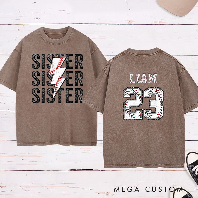 Personalized Baseball Sister Washed T-Shirt with Lightning Stitch Design and Custom Name and Number