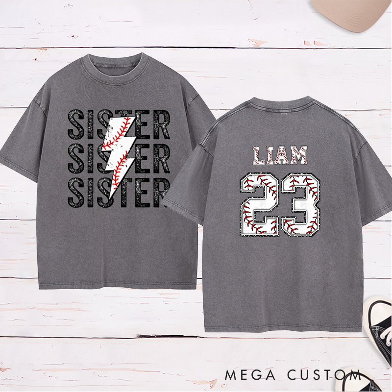 Personalized Baseball Sister Washed T-Shirt with Lightning Stitch Design and Custom Name and Number