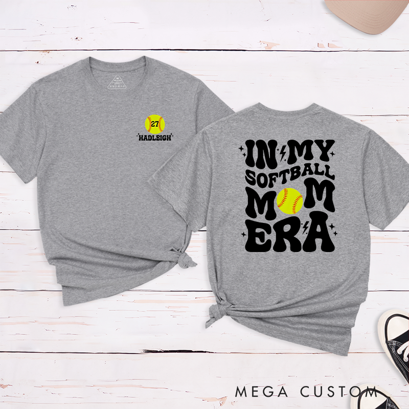 Personalized Softball Mom T-Shirt Design Featuring Bold Retro Text Custom Player Number and Name with Softball Graphic