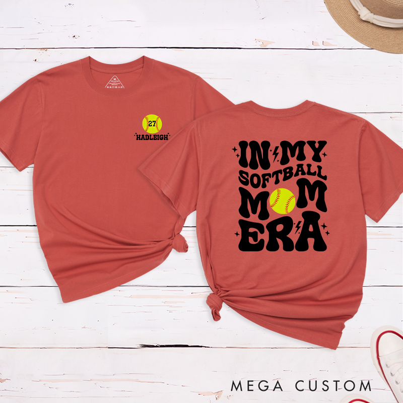 Personalized Softball Mom T-Shirt Design Featuring Bold Retro Text Custom Player Number and Name with Softball Graphic