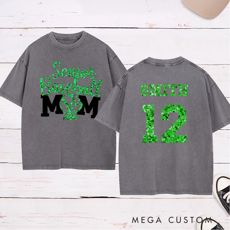 Personalized Senior Baseball Mom Washed T-Shirt with Custom Name and Number