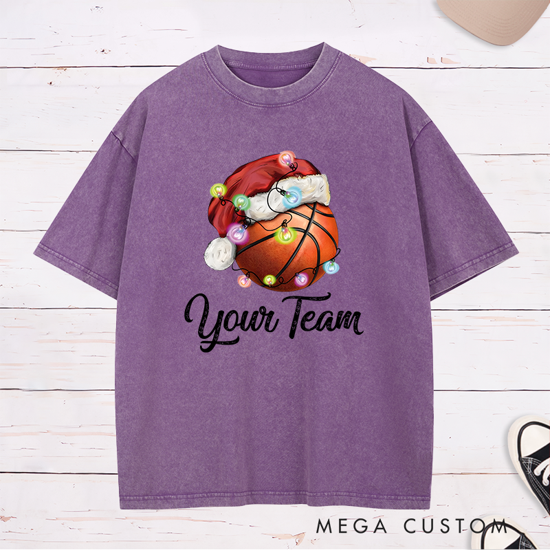 Personalized Festive Washed T-Shirt with Custom Team Name and Basketball Santa Hat Design