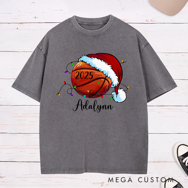 Personalized Festive Washed T-Shirt with Custom Name, Year, and Basketball Santa Hat Design