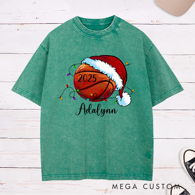 Personalized Festive Washed T-Shirt with Custom Name, Year, and Basketball Santa Hat Design