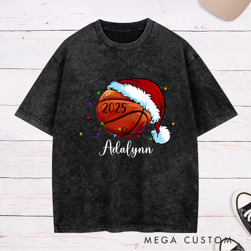 Personalized Festive Washed T-Shirt with Custom Name, Year, and Basketball Santa Hat Design