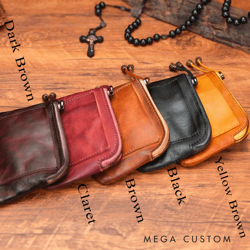 Personalized Leather Rosary Pouch with Name Credit Card Holder Gift for Catholics and Christians Religious Gifts