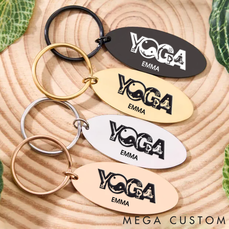 Personalized Yoga Keychain with Yoga Poses and Yin Yang Patterns Design Custom Name Perfect Gift for Yoga Lover